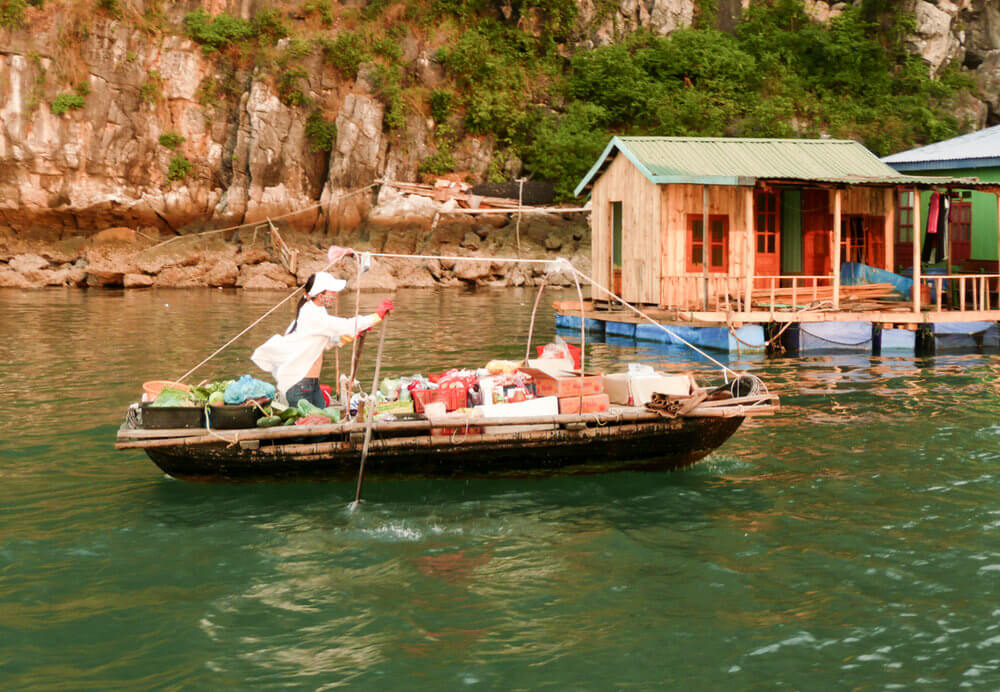 vendeur barque traditionnelle et maison flottante.